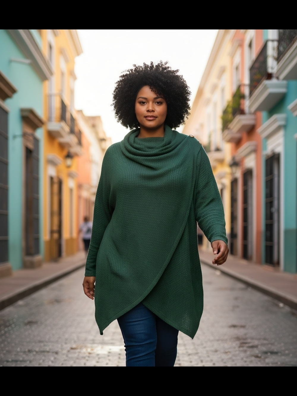 BloomChic Womens 18-20 Cozy Draped Tunic Sweater - Forest Green Button Accents